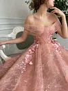 Pink Rouge 3D Flowers Ball Gown A Line Formal Dress Floral Embroidery Unique Garden Dresses Off The Shoulder Elopement Floor Length Tulle
