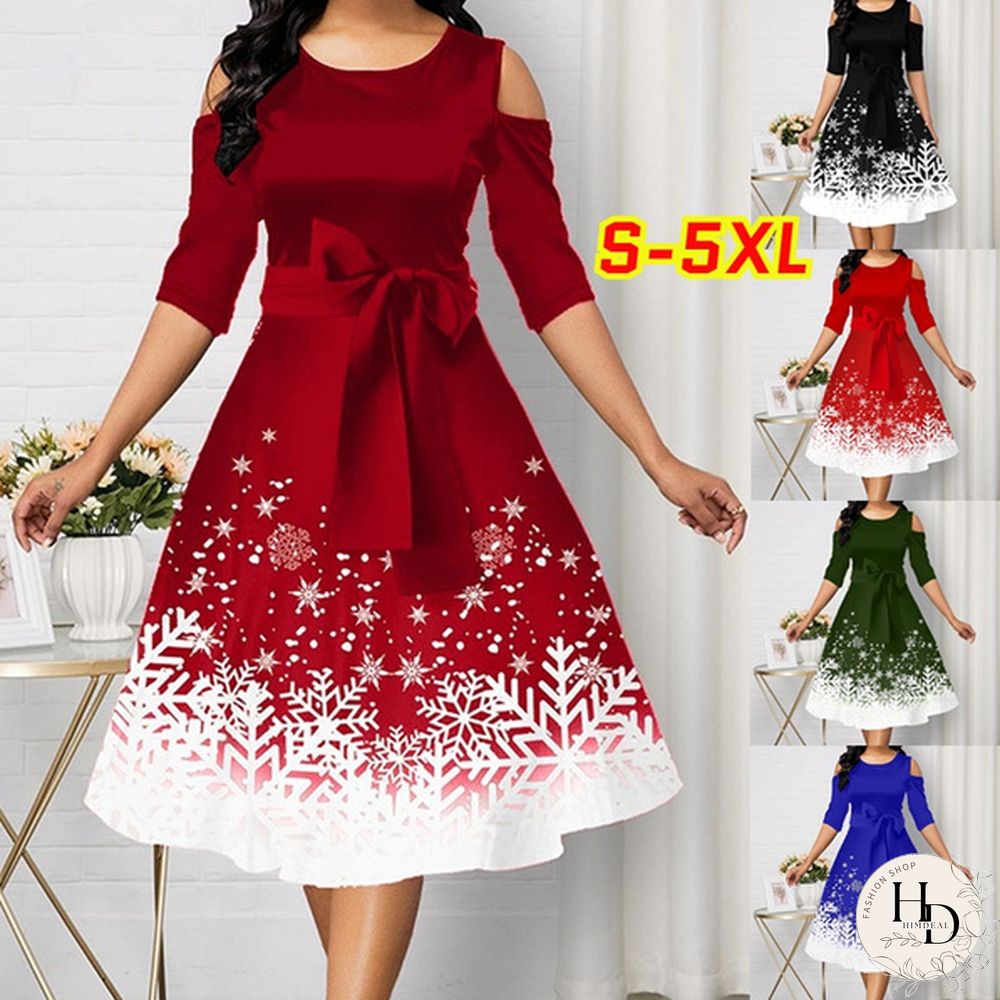 Womens Belted Snowflake Print Cold Shoulder Round-neck Elegant Dress Plus Size Fashion