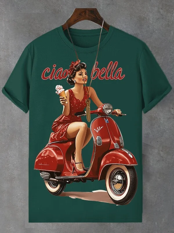 Men's Girl Moped Ciao Bella Travel Print Cotton Casual T-Shirt