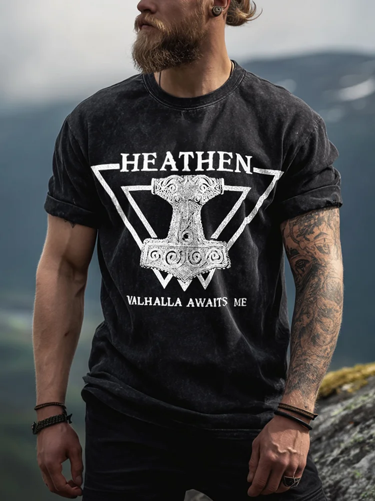 Wikinger inspirierte Druck gewaschene T-Shirt für Männer