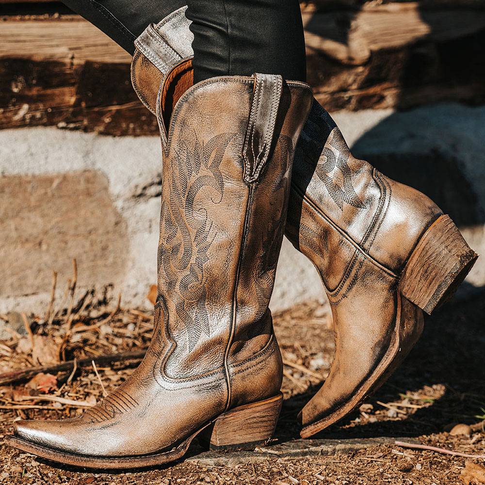 Pewter Khaki Block Heel Pointed Toe Embroidered Cowboy Boots for Women Nicepairs