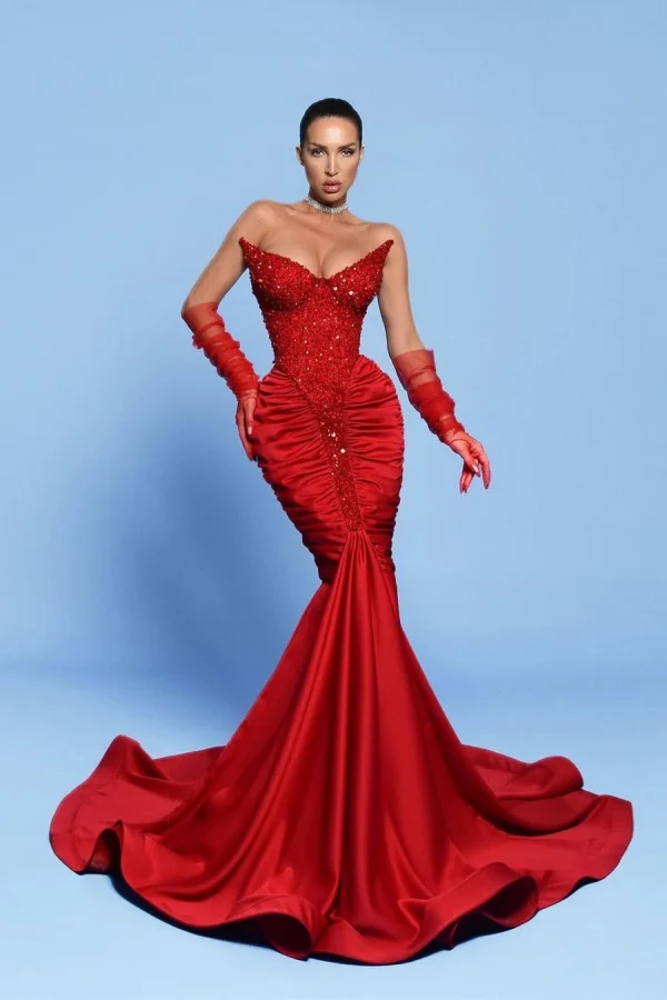 Fashionable Red Pleated Straight Across Beaded Mermaid Prom Dress With Tulle Gloves YK0098