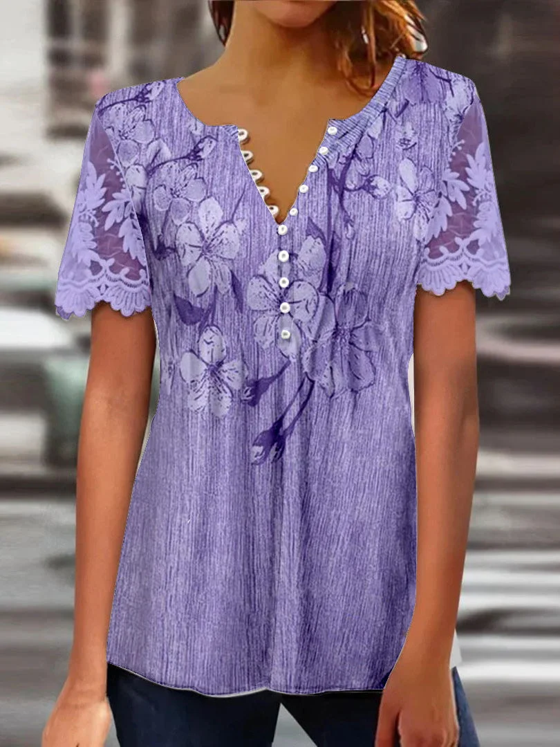 Women Short Sleeve V-neck Floral Printed Printed Graphic Lace Button Tops