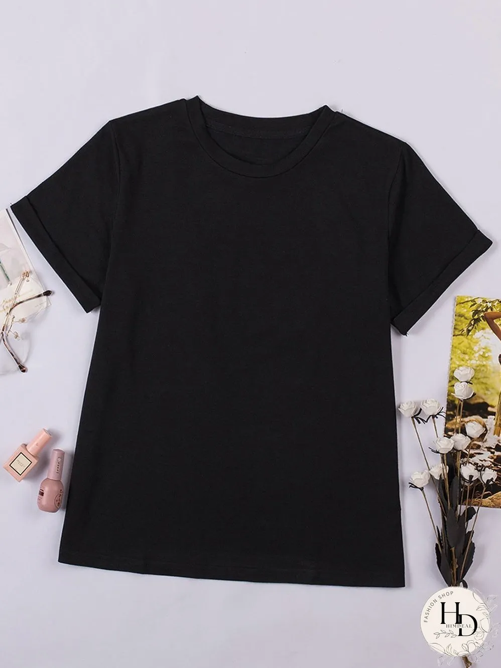 Chic Black Round Neck Short Sleeve Tee