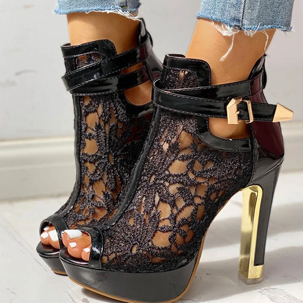2020 New Ladies High Heels Belt Buckle Peep Toe Hollow Platform Sandals Shoes Woman Party  Summer Boot Big Size 35-42