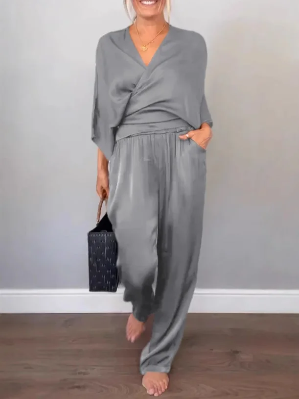 Nigikala Nigikala Women's Summer Fashion Solid Color Sleeve Short-Sleeved Blouse Trousers Set