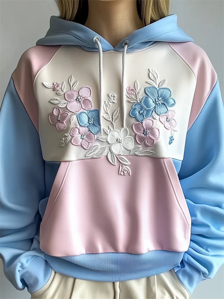 Floral Embroidered Transgender Contrast Color Hoodie