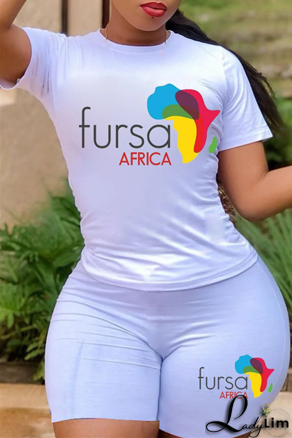 White Fashion Casual Print Basic O Neck Short Sleeve Two Pieces