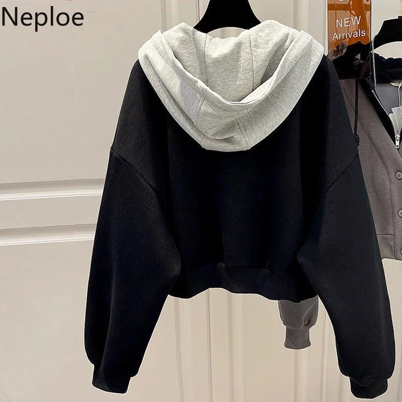 Wongn 2023 Fake Two Piece Hoodies Women Korean Patchwork Hooded Short Outwear Tops Mujer Thicked Loose Casual Y2k Sweatshirt