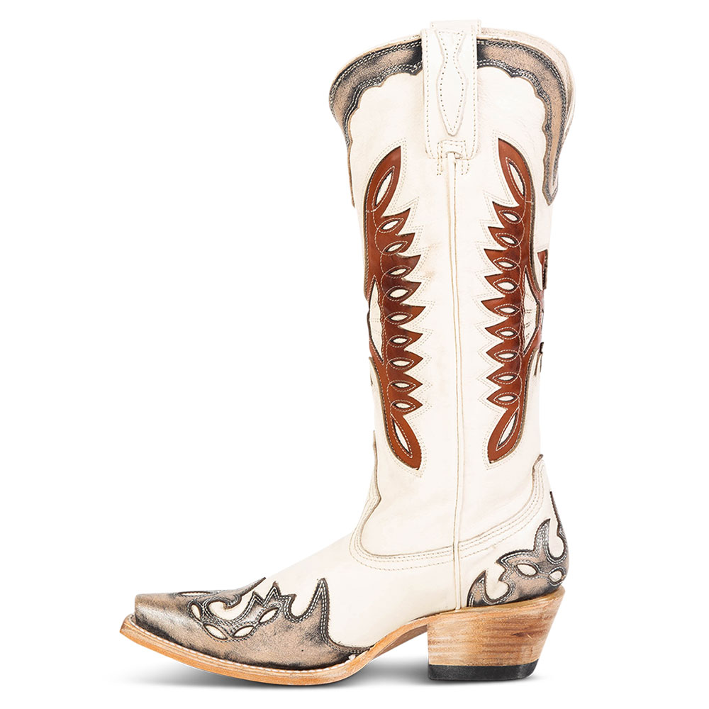 White & Brown Patchwork Snip Toe Chunky Heel Western Knee High Boots Nicepairs
