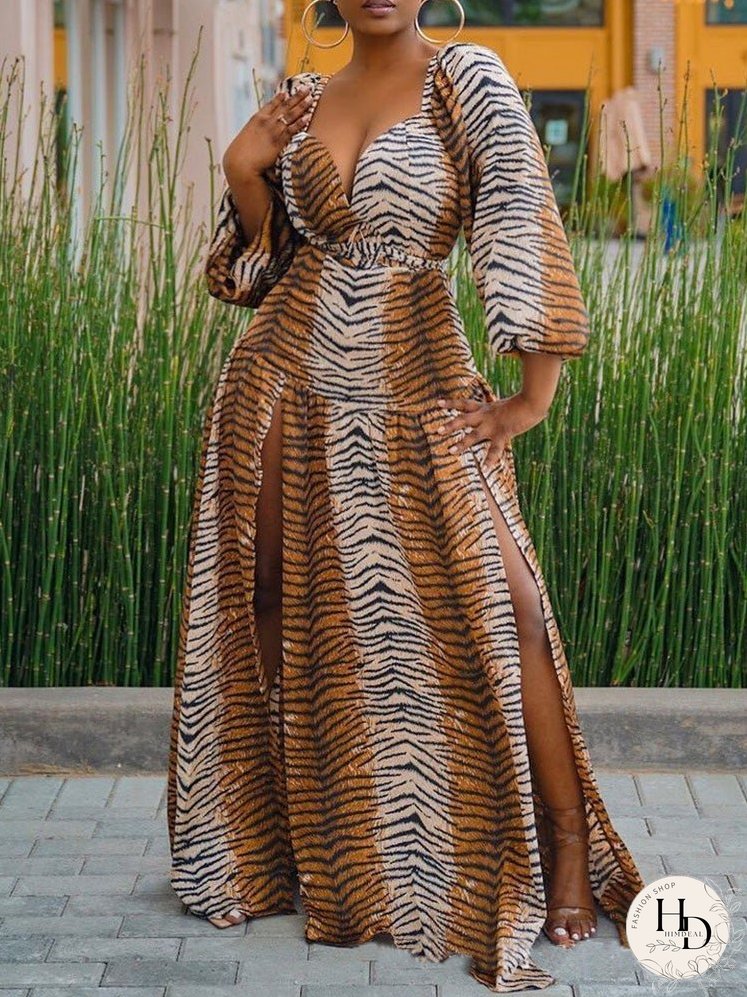 Dresses Leopard Print Deep V Neck Long Sleeve Slit Dress for Women