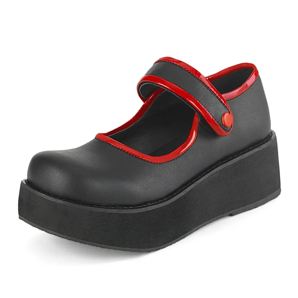 Cute Black and Red Round Toe Wedge Heel Platform Mary Janes Nicepairs