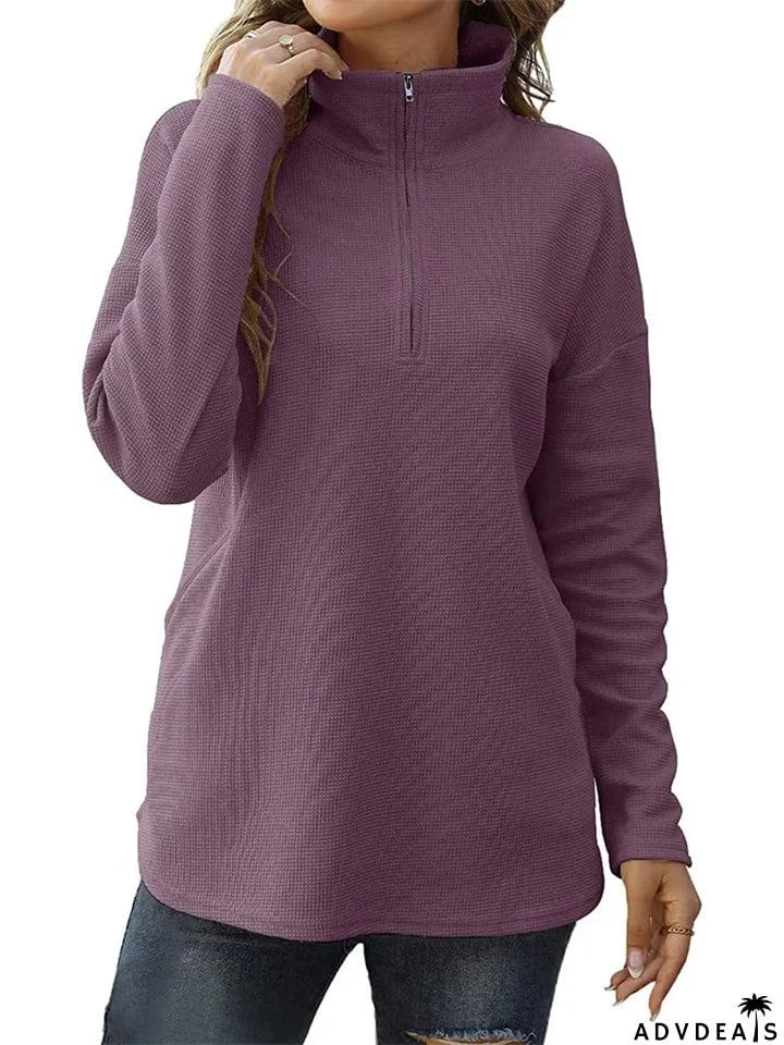 Winter Daily Zipper Long Sleeve Women Tops with Pockets