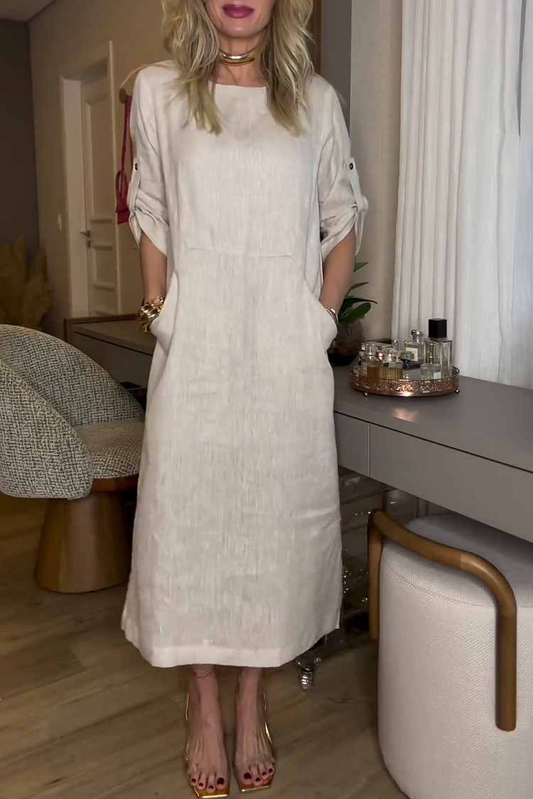 Round Neck Splice Pocket Roll Sleeve Linen Plain Midi Dresses [Pre Order]