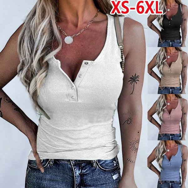 XS-6XL Womens Fashion Clothing Spring Summer Tops for Women Sleeveless Casual Camisole Button-down Shirts Ladies Deep V-neck Tee Shirt Slim Plus Size Cotton Cami Tank Tops - BlackFridayBuys