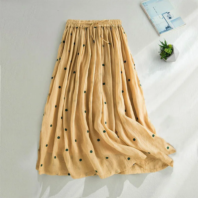 Polka-dot cotton and linen double-layer skirt