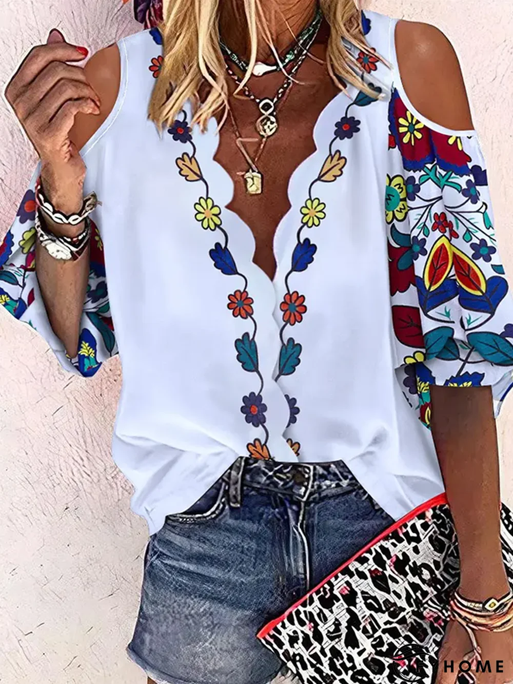 Half sleeve V Neck Floral Tops | IFYHOME