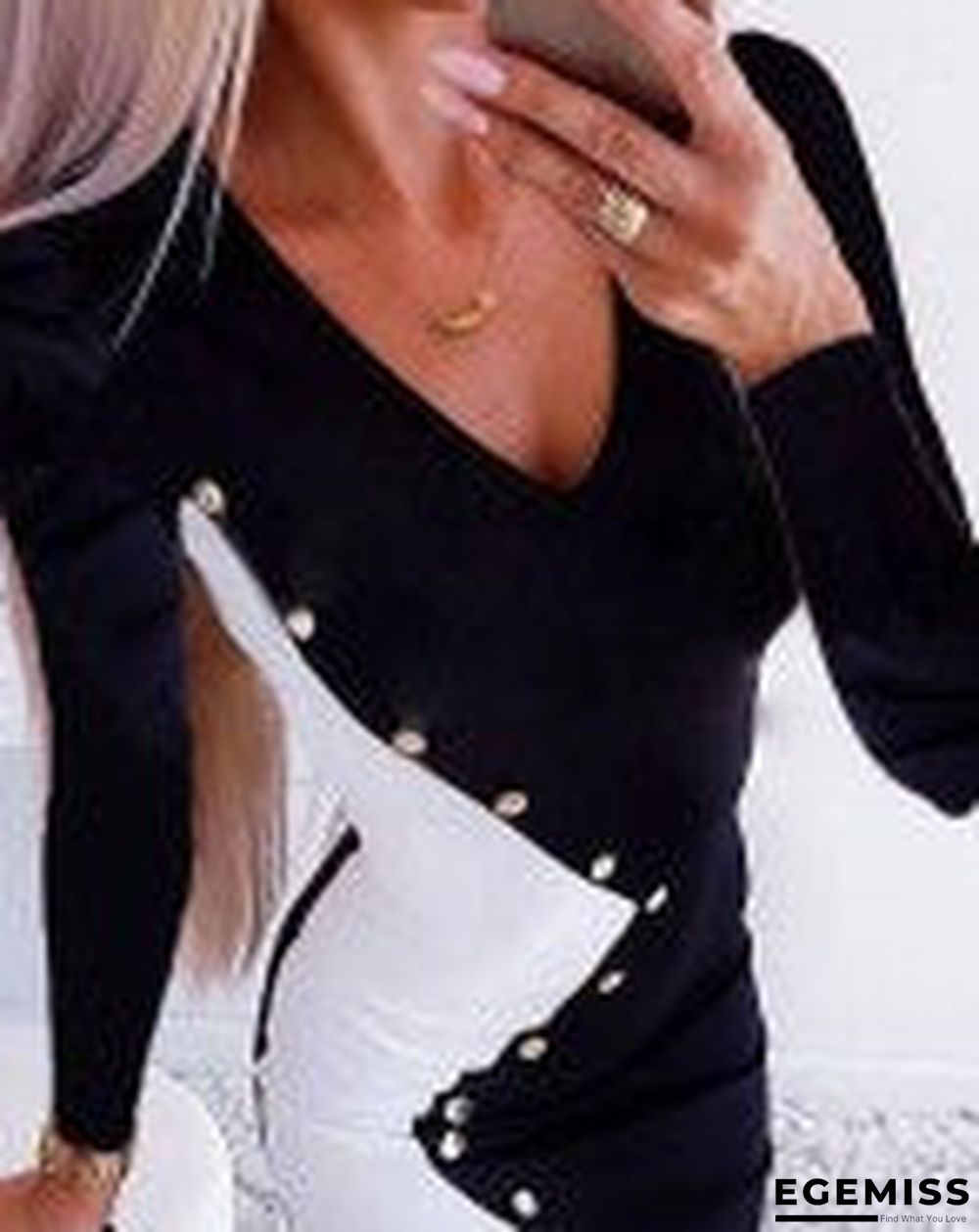 Colorblock Button Decor V-Neck Bodycon Dress Black Dresses | EGEMISS