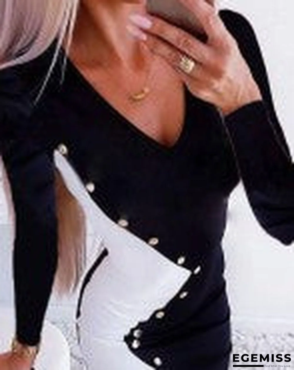 Colorblock Button Decor V-Neck Bodycon Dress Black Dresses | EGEMISS