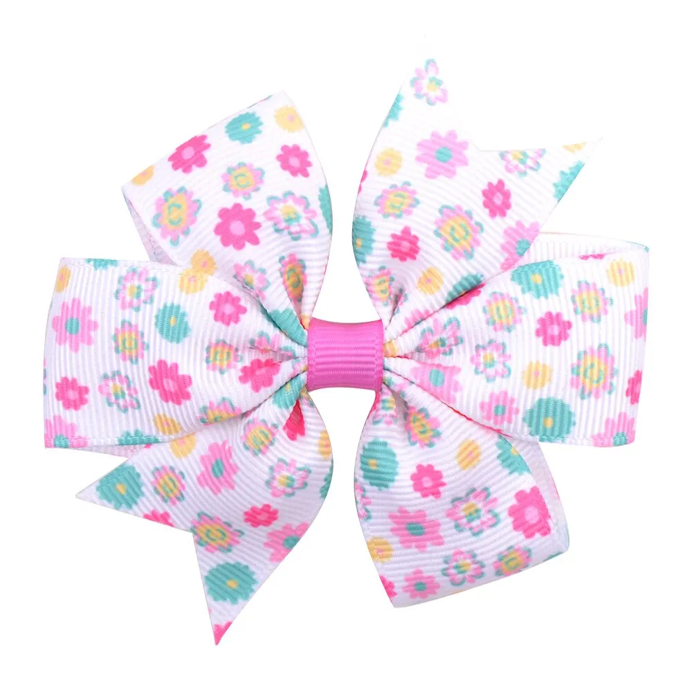 20pcs/lot Printed Flower Hair Bows With Clip For Baby Girls Grosgrain Ribbon Boutique Hair Clip Barrettes Hair Accessories 039