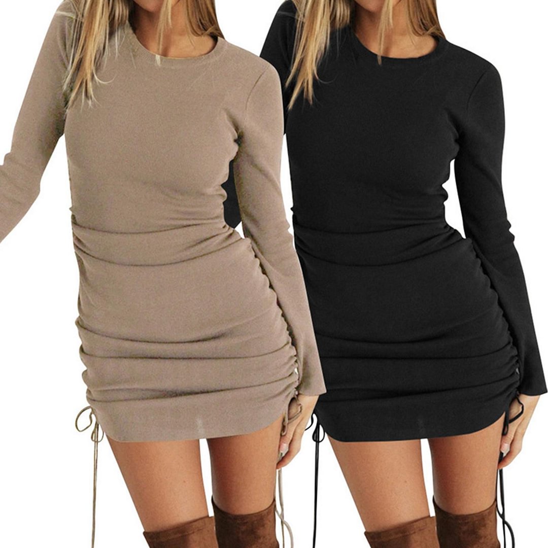Sexy Women Long Sleeve Solid Color Drawstring Ruche Mini Bodycon Party Dress Tight Dresses Woman Party Night Women Clothes 2021