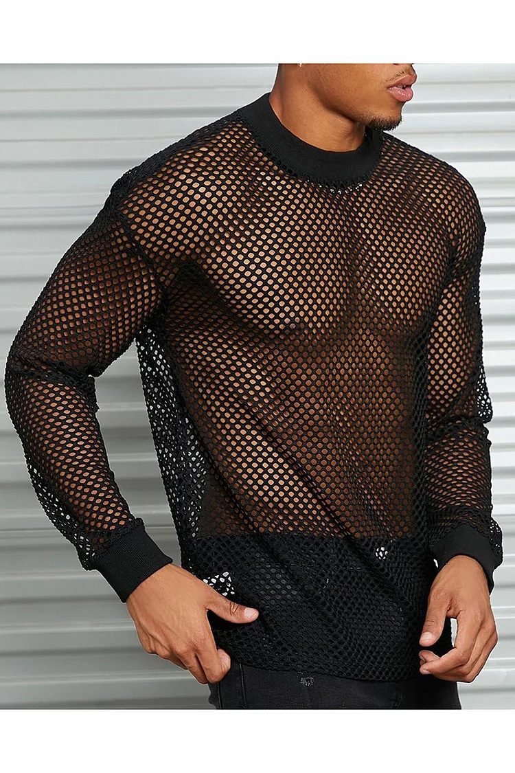 See Through Fishnet Long Sleeve Casual Top