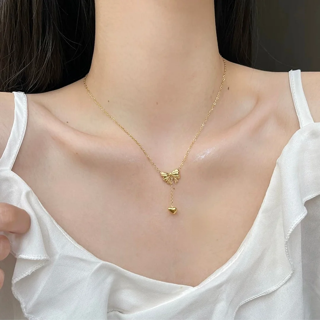 Gold Plated Bowknot Heart Pendant Y Necklace