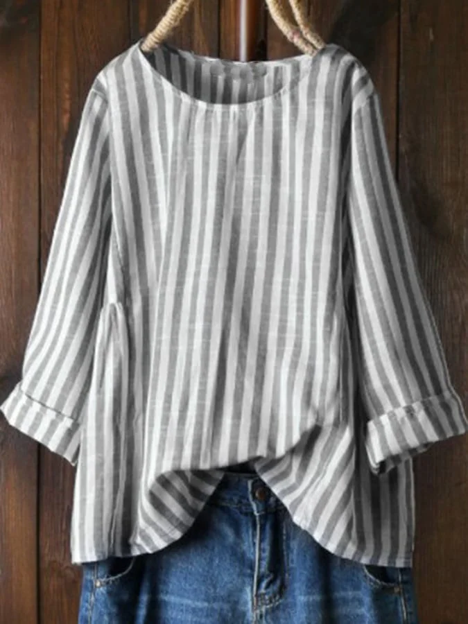 Fashion Striped 4/3 Sleeved Loose Fitting Shirt socialshop