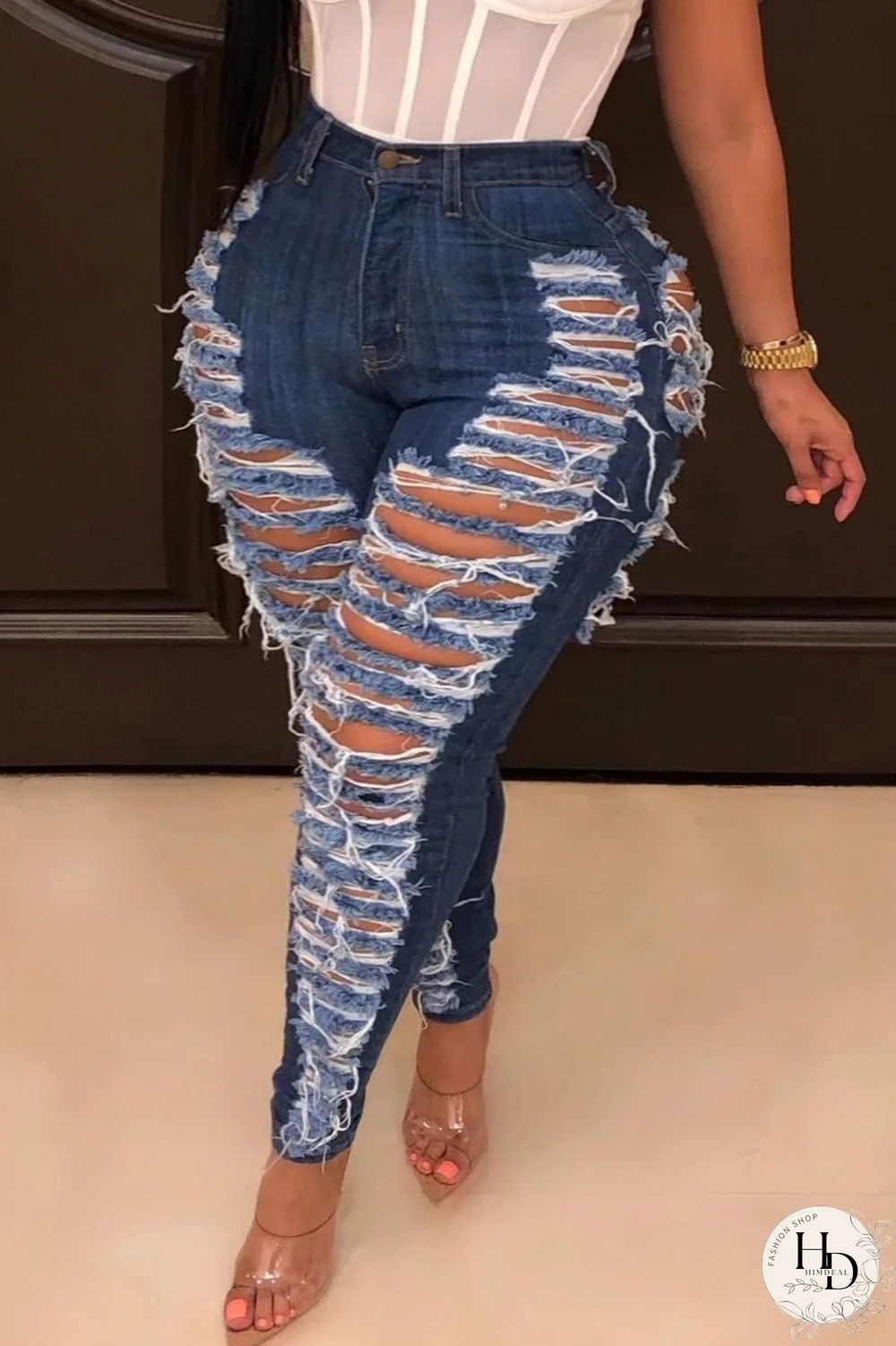 Dark Blue Casual Solid Ripped Patchwork Plus Size Jeans