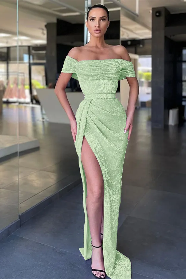 Elegant Lilac Off-the-shoulder Beading Mermaid Prom Dress With Slit