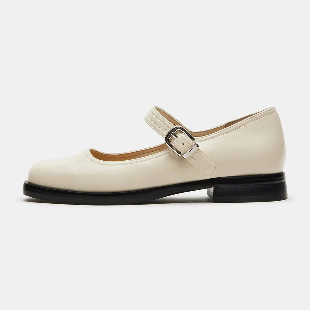Women's Ivory Square Toe Comfort Adjustable Buckle Mary Jane Flats