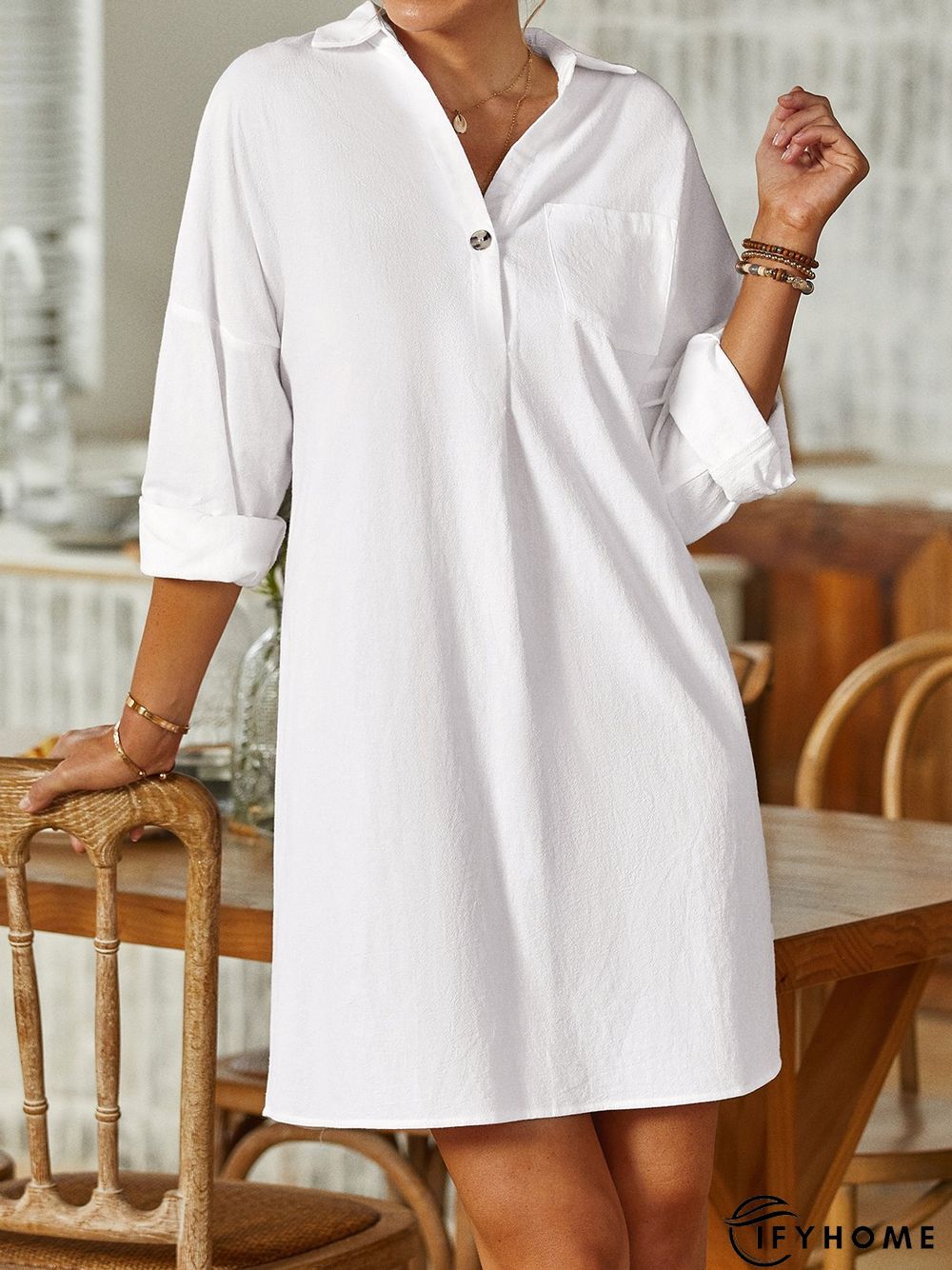 Casual V Neck Cotton Plain Knitting Tunic Dress | IFYHOME