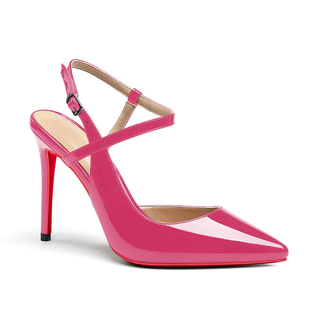 100mm Women Slingback Pumps Ankle Strap Jenlove Stiletto Mid Heel Close Pointed Toe Dress Red Soles-vocosishoes