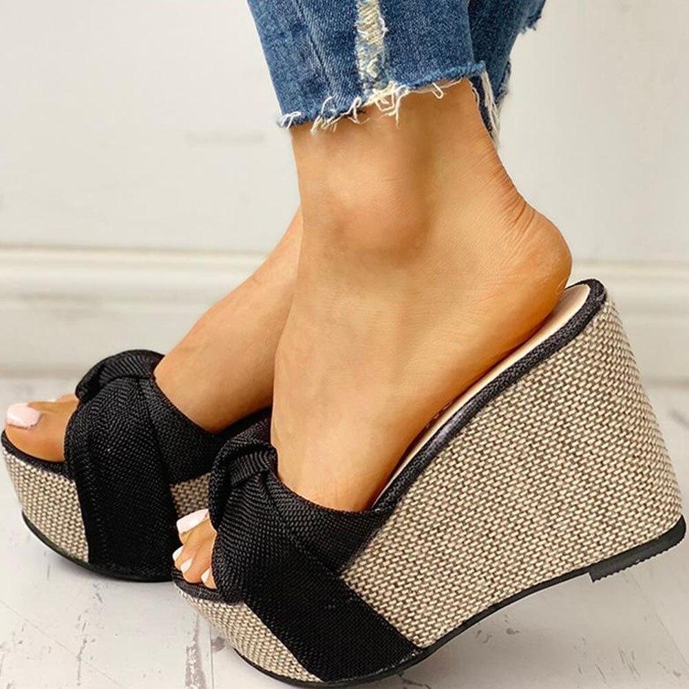 2021 Bow Tied Slip on Leisure Platform Summer Sandals Wedges High Heels Women Shoes Woman Comfortable High Heels