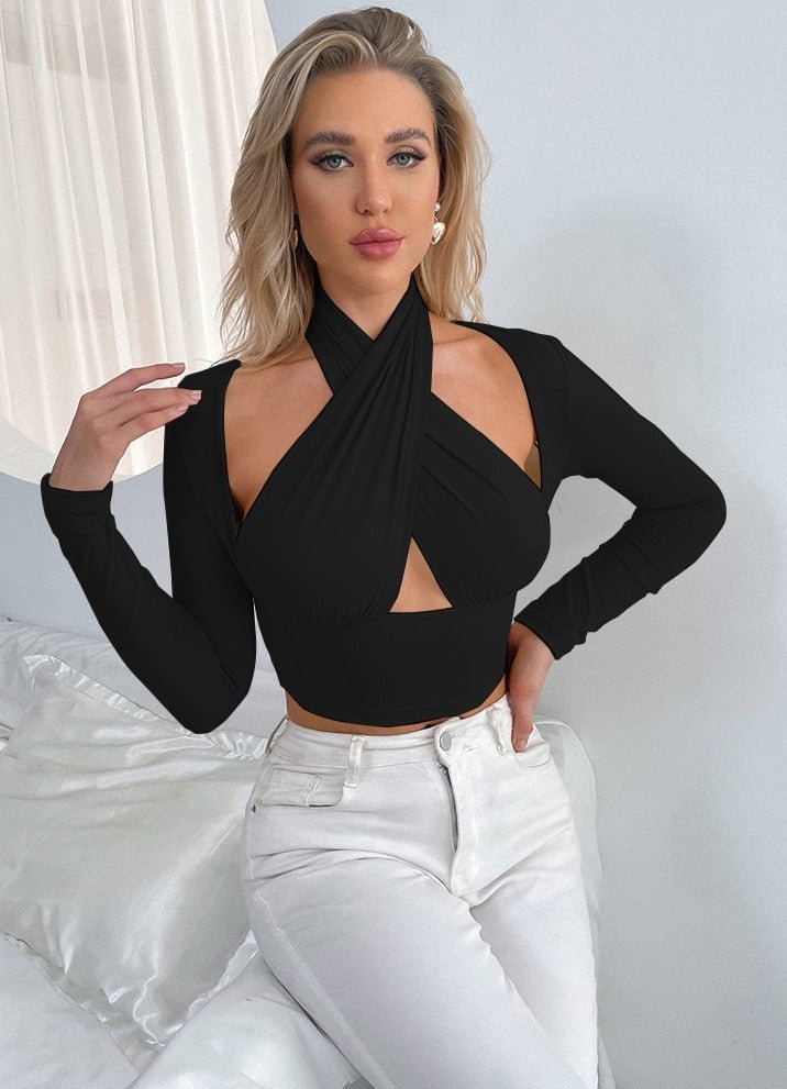 Sexy Solid Color Cross Halter Neck Sleeveless Backless Close-Fitting Crop Tops Lady Party Club Streetwear  shirts for women