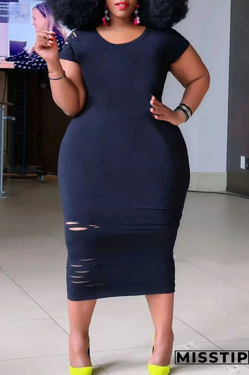Black Casual Ripped Patchwork O Neck Straight Plus Size Dresses