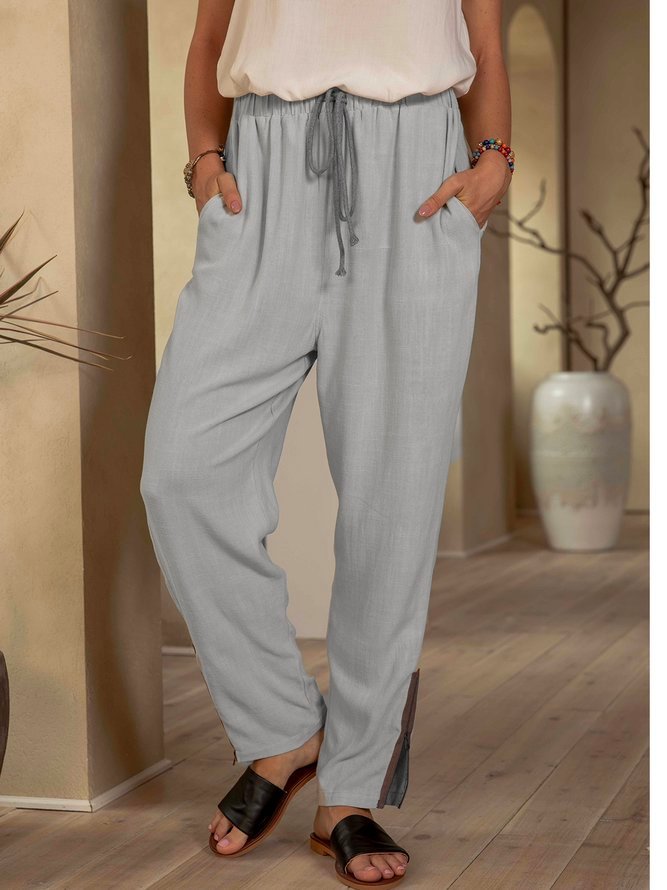 Cotton Zipper Casual Plain Pants