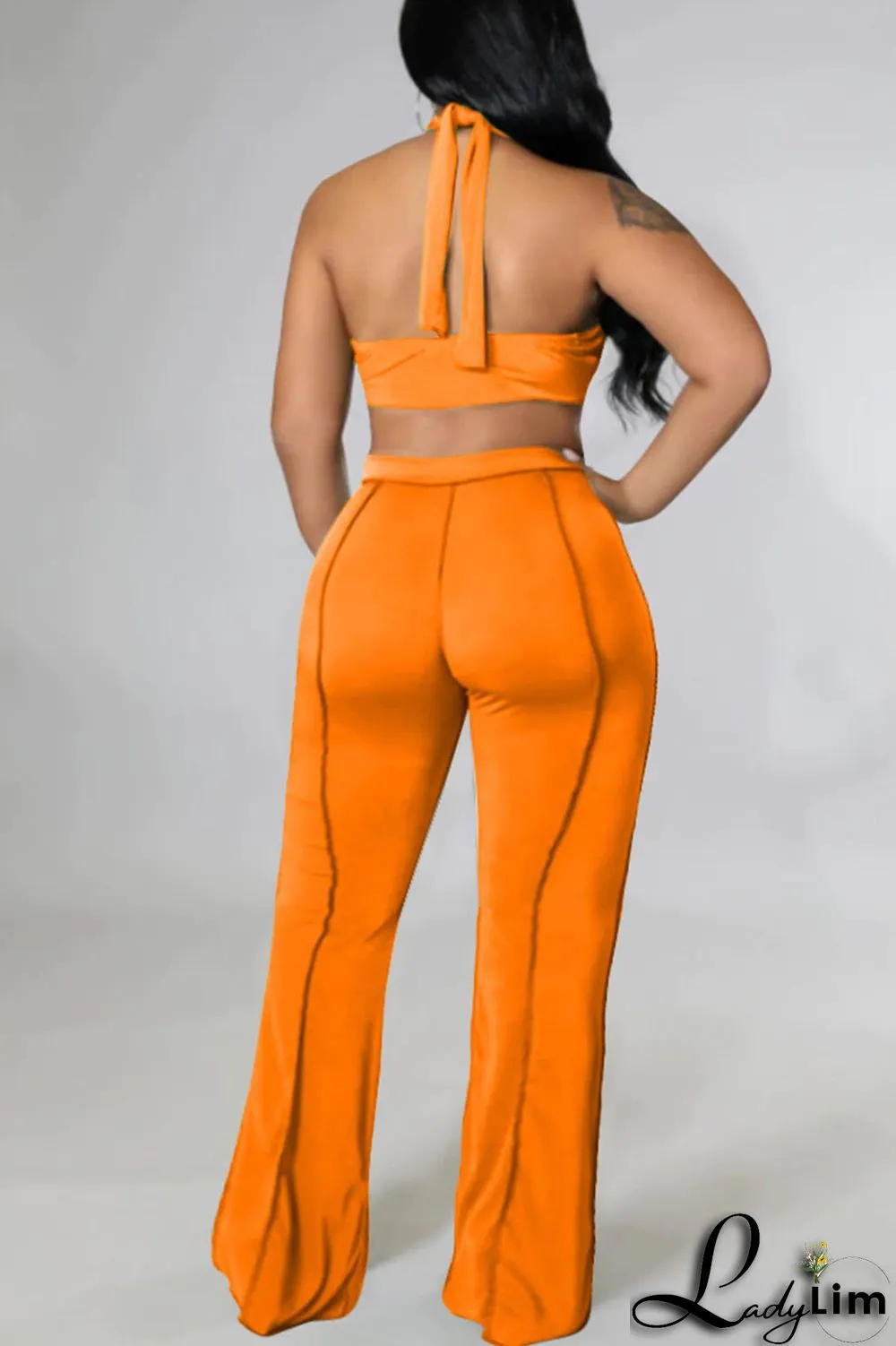 Black Sexy Solid Split Joint Backless Asymmetrical Halter Plus Size Two Pieces