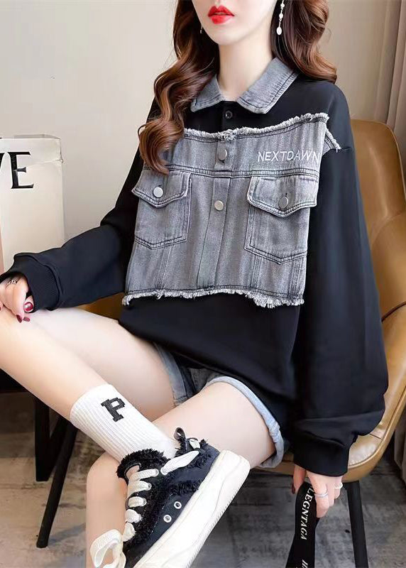 VCSHOES Black Oversized Patchwork Cotton Sweatshirts Top Fall