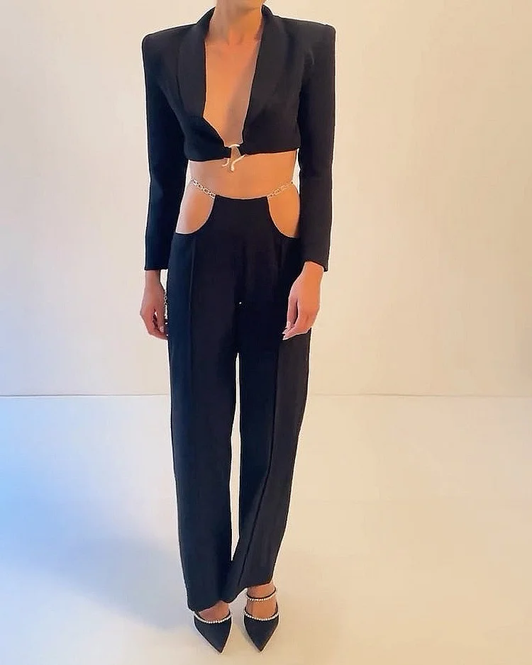 Solid Color Short Suit & Hollow Chain Suit Pants Two-piece Set