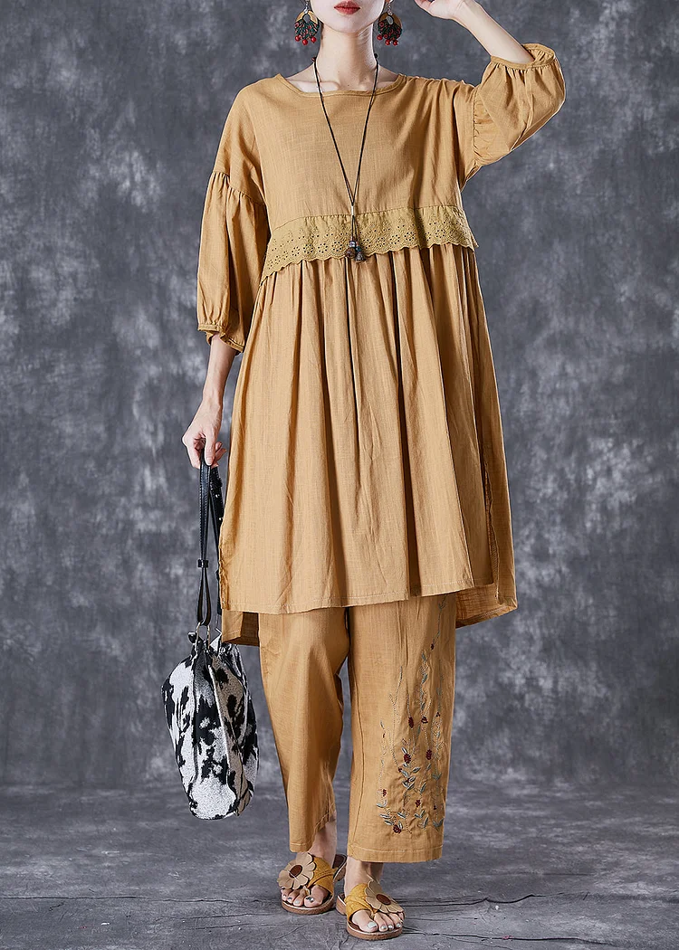 Modern Khaki Embroideried Patchwork Linen Two Piece Set Fall