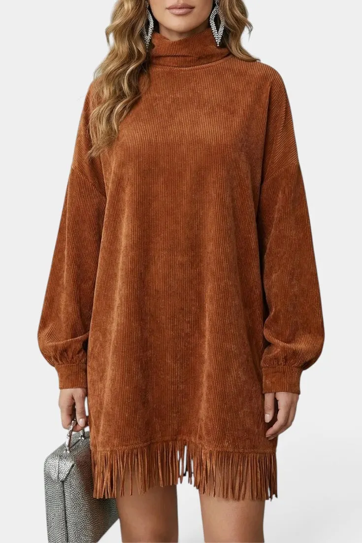 Oversized Turtleneck Corduroy Dress with Fringe