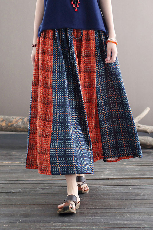 New Retro Bohemian Swing Skirt Casual Contrast Color Plaid Long Skirt