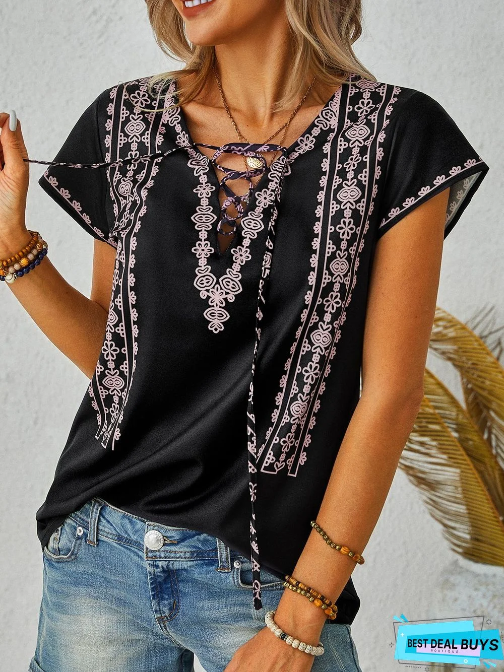 Tribal Floral Geometric Printed Boho Loosen Lace-Up V Neck Cross Short Sleeve Top