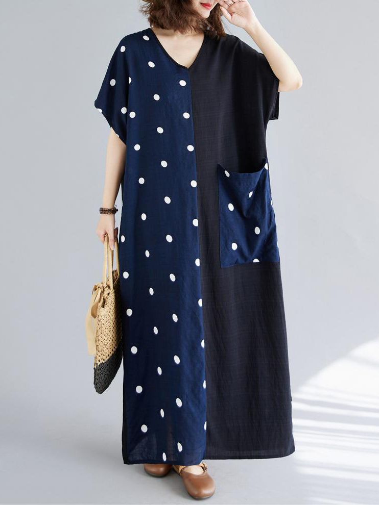 Polka Dot Patchwork Loose Side Pocket Maxi Dress