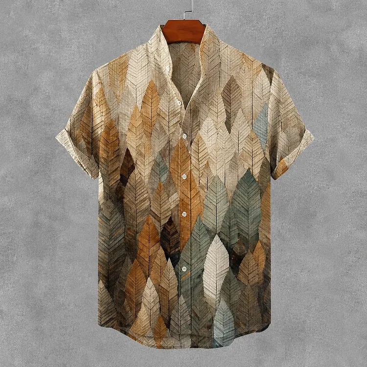 Men's Retro Abstract Oil Painting Art Leaf Pattern Print Linen Blend Short-sleeve Shirt