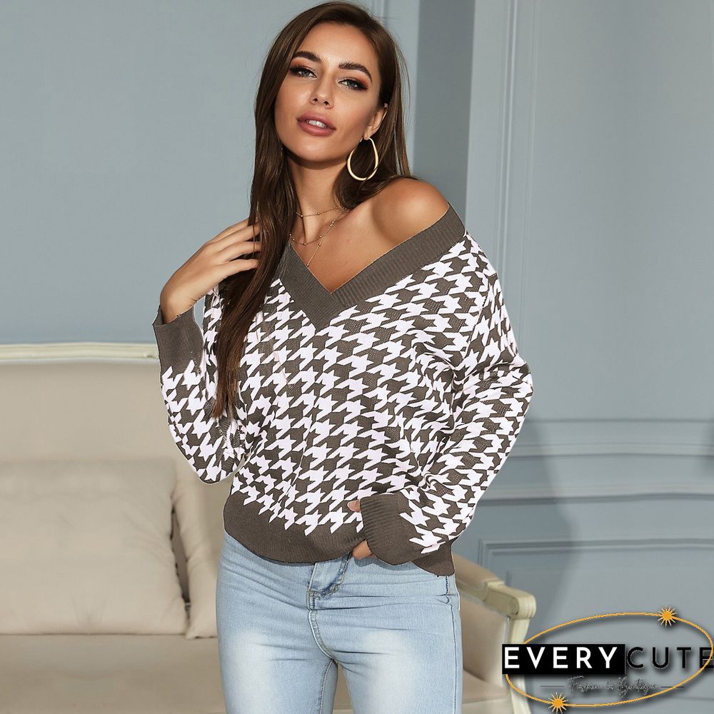 Long-sleeved Thousand Bird Geiger V Collar Bottom Knitted Sweater Girl