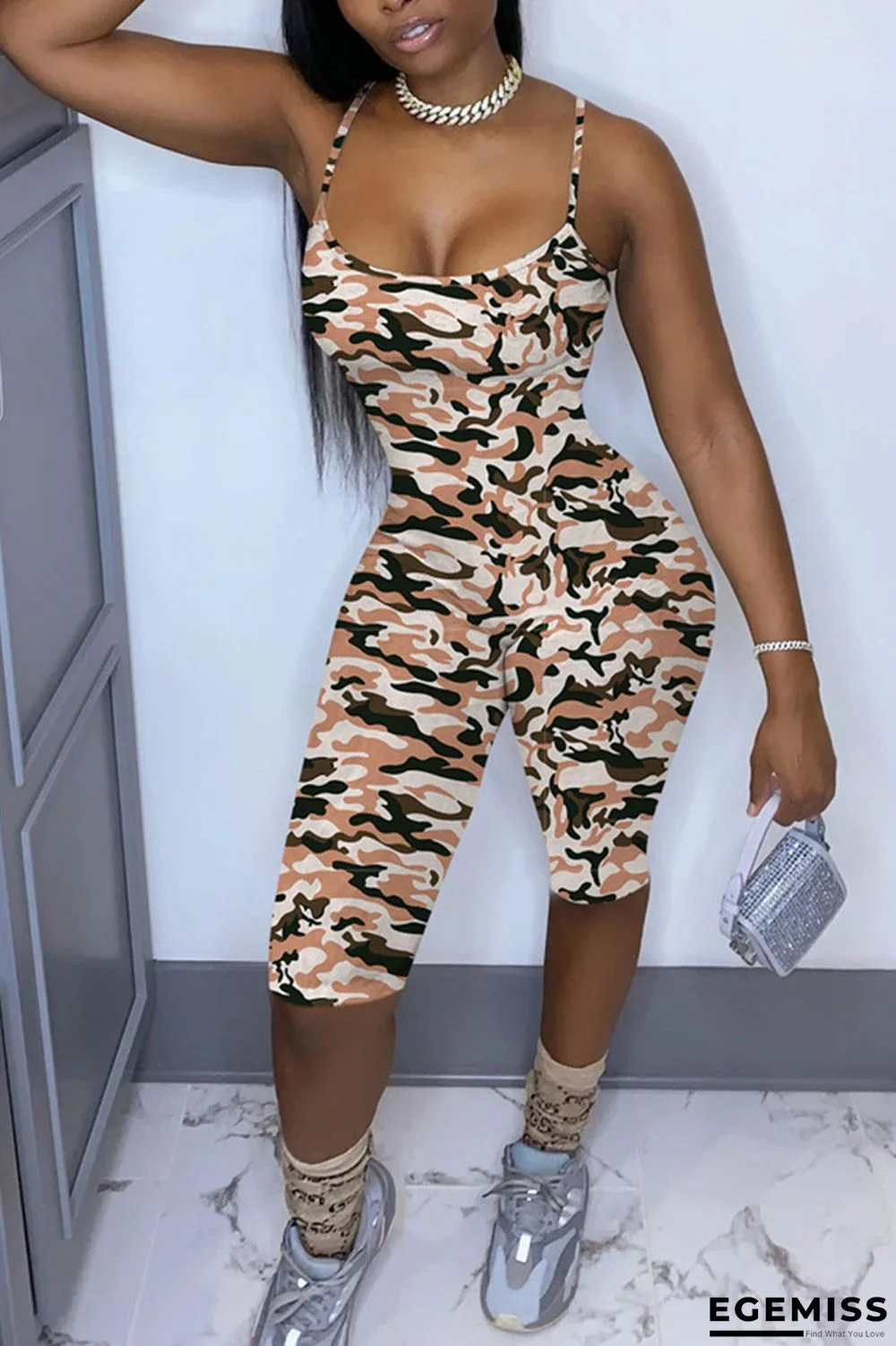 Brown Sexy Print Camouflage Print Spaghetti Strap Regular Jumpsuits | EGEMISS