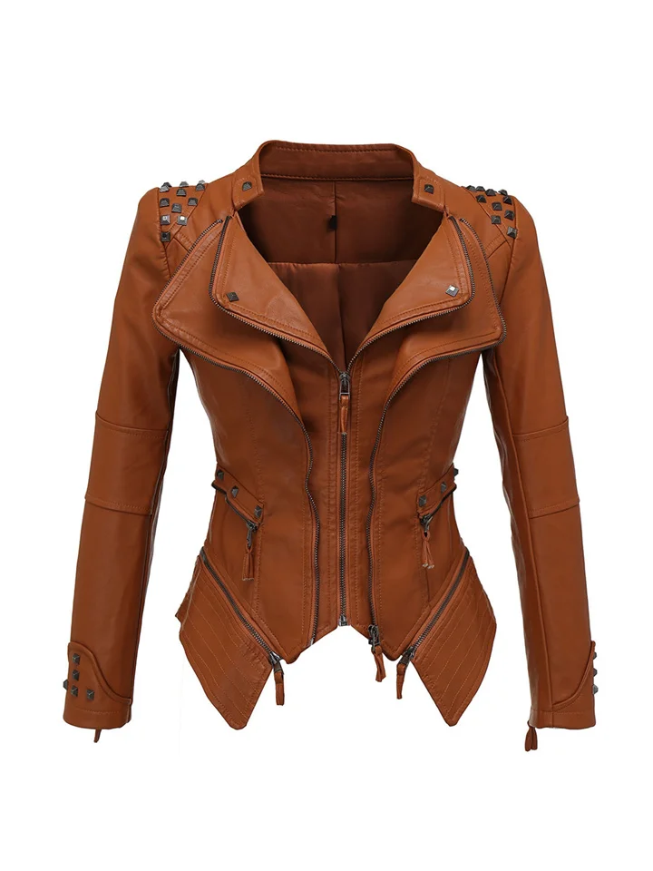 Street Swallowtail Slim Waisted PU Peplum Jacket Biker Clothing Multicolor Rivet Lapel Long Sleeve Leather Jacket Coat