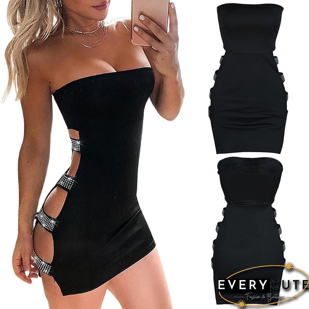 Women&rsquo;s Sexy Bodycon Pencil Dress Rhinestone Hollow Out Off Shoulder Solid Color Skinny Mini Short Dress Party Nightclub Wear